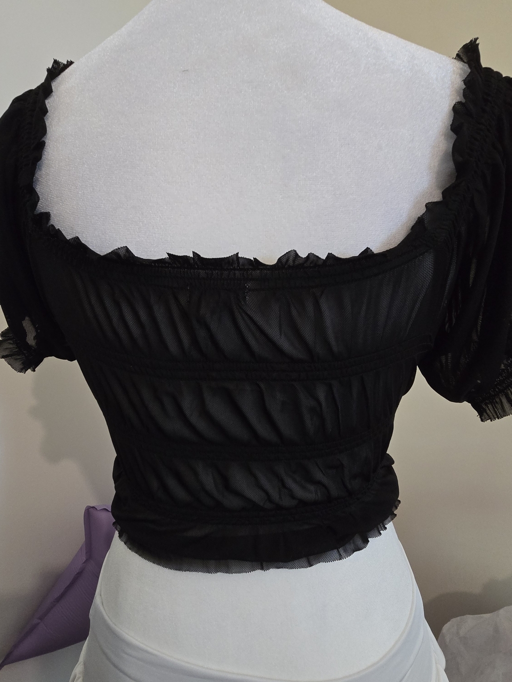 Garage Black Sheer Mesh Ruched Milkmaid Crop Top XS Whimsigoth Puff Sleeve - Picture 2 of 11
